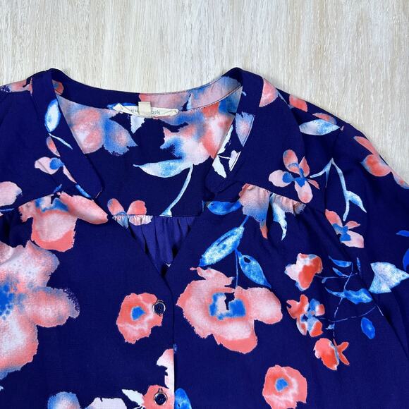 41 Hawthorn Blue Pink Floral Button Front Roll Tab Sleeve Casual Shirtdress LG - Picture 3 of 16